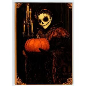 Vintage Halloween Photochrome Postcard Skeleton Holding Pumpkin 5.5x4"